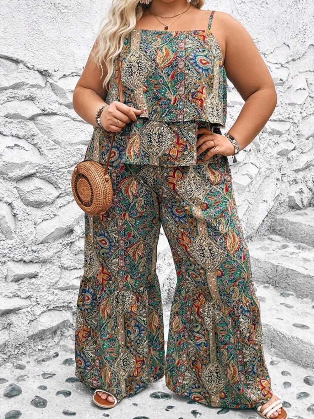 Plus Size Green Paisley Wide-Leg Jumpsuit